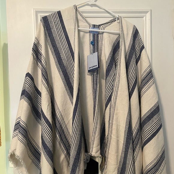 Les Canebiers St. Tropez Tops - LES CANEBIERS Striped Blue and White Poncho BEACH